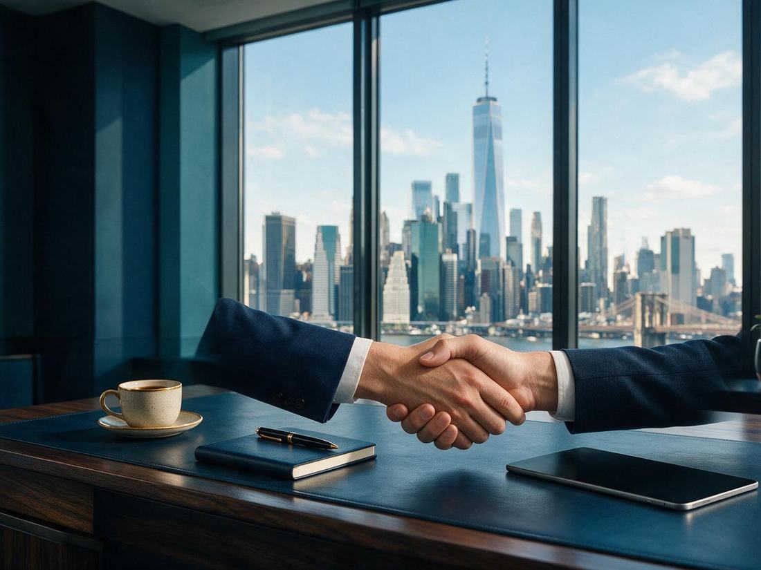 A handshake across a desk in a city office