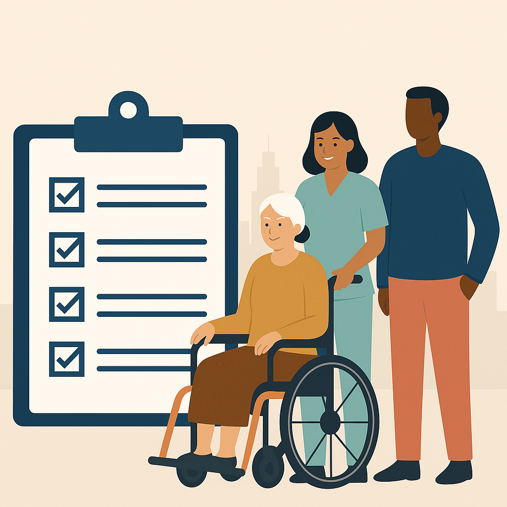 Illustration of a clipboard with checkmarks beside a smiling elderly woman in a wheelchair, aided by a nurse and a man, conveying care and support.