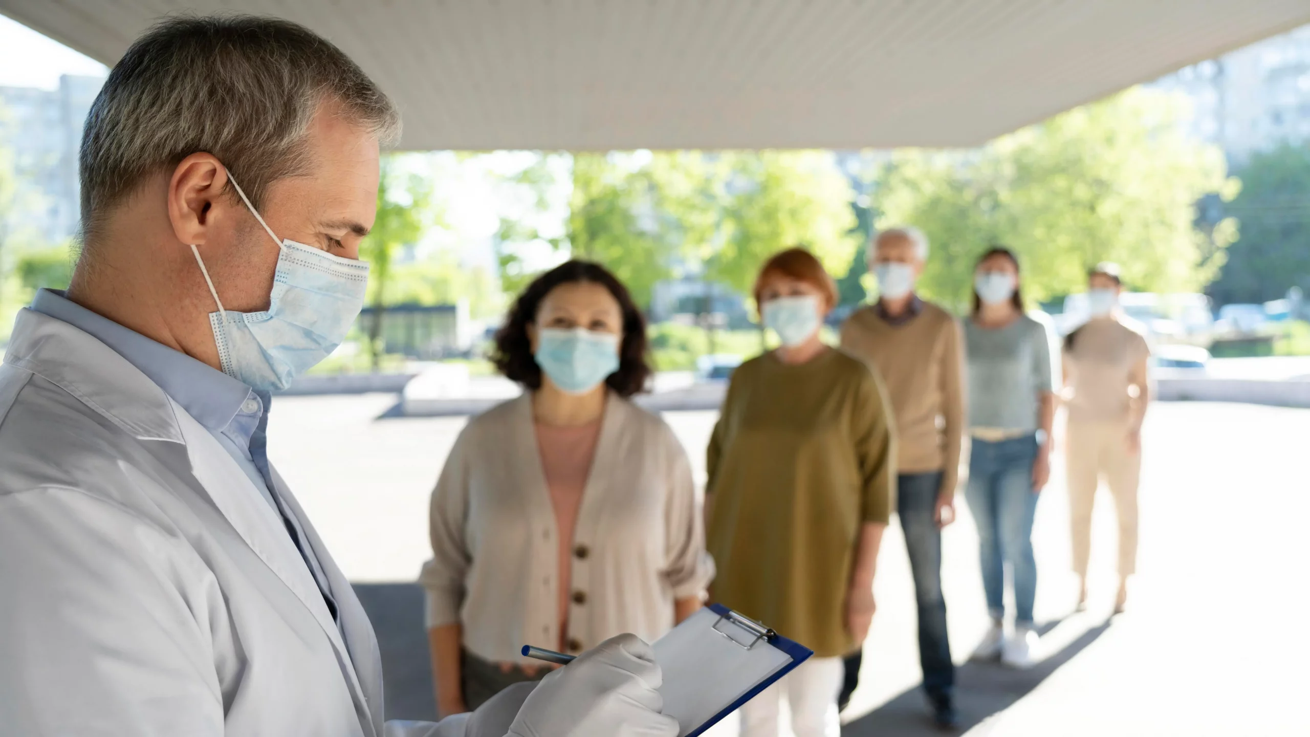 A man in a white coat stands before a masked group, likely addressing them in a medical or educational setting